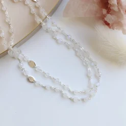 ICONIC LONG BEADED NECKLACE - RAINBOW MOONSTONE & SILVER 34