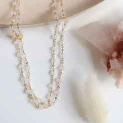 ICONIC LONG BEADED NECKLACE - RAINBOW MOONSTONE & GOLD 34