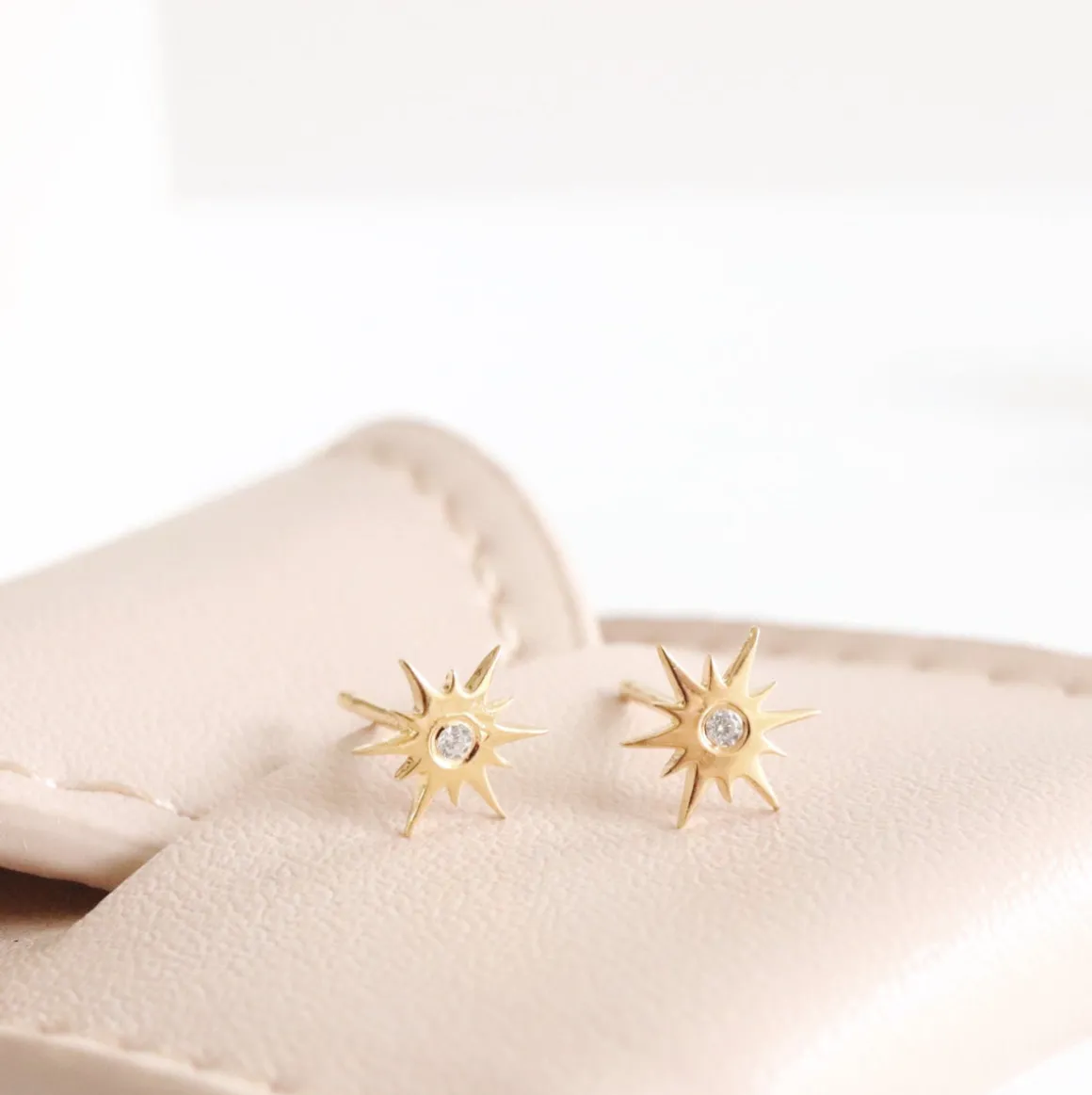 14K SOLID GOLD - TINY BELIEVE STELLAR STUDS - DIAMOND