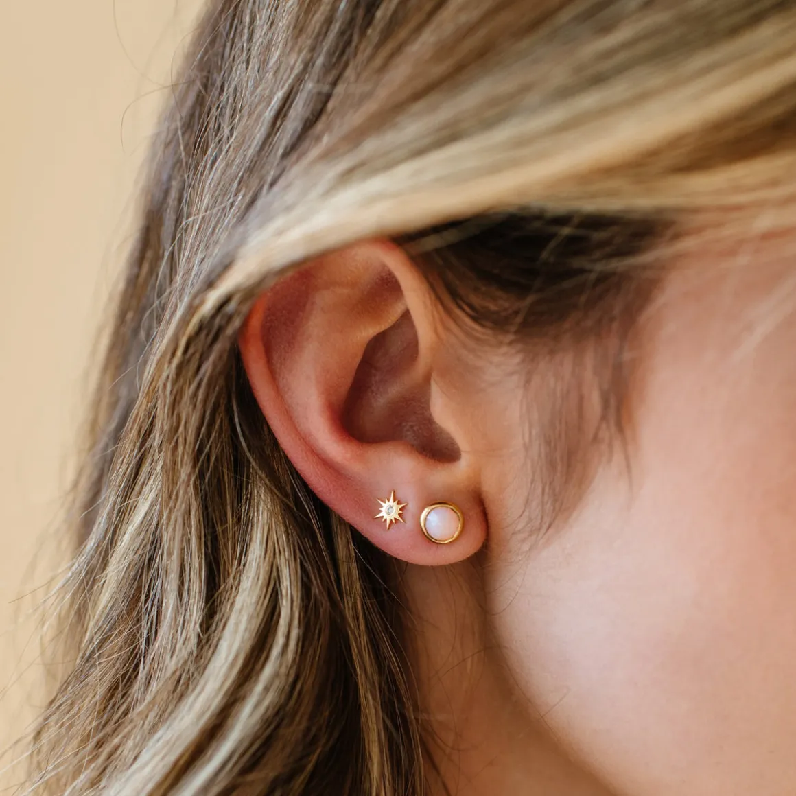 14K SOLID GOLD - TINY BELIEVE STELLAR STUDS - DIAMOND