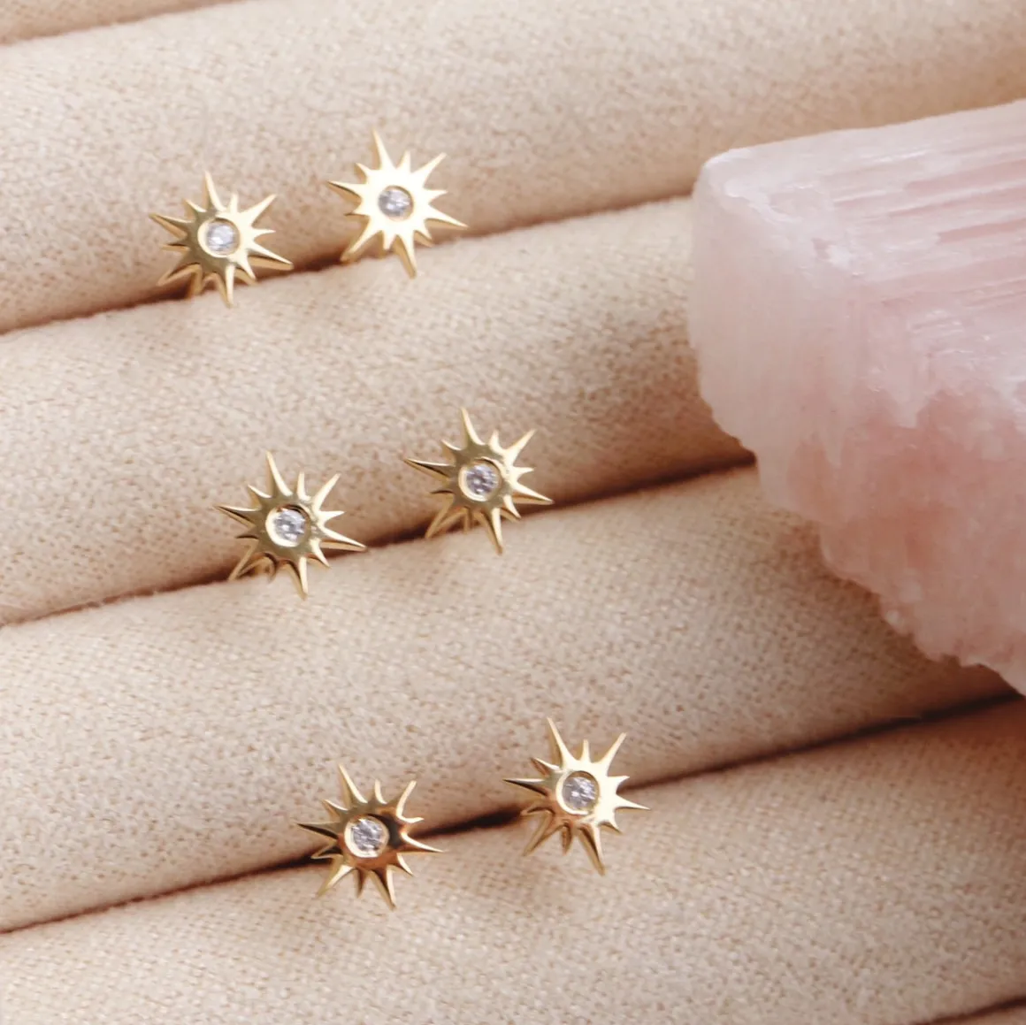 14K SOLID GOLD - TINY BELIEVE STELLAR STUDS - DIAMOND