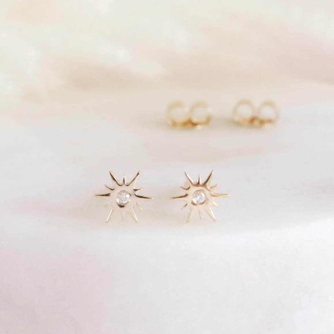 14K SOLID GOLD - TINY BELIEVE STELLAR STUDS - DIAMOND