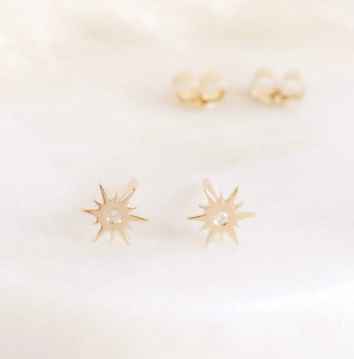 14K SOLID GOLD - TINY BELIEVE STELLAR STUDS - DIAMOND