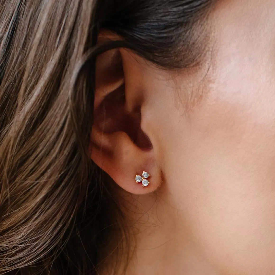 14K SOLID GOLD - TINY TRIO LOVE STUDS - DIAMOND