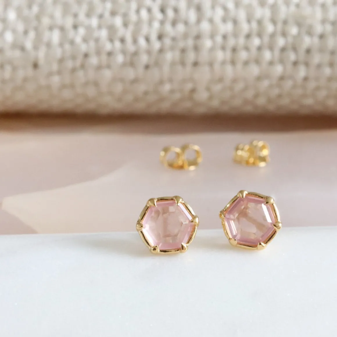 Mini Grace Hexagon Stud Earrings - Pink Quartz & Gold