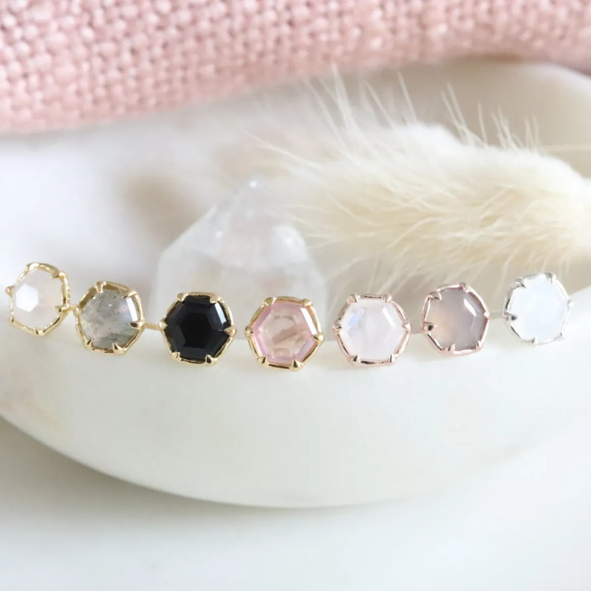 Mini Grace Hexagon Stud Earrings - Pink Quartz & Gold