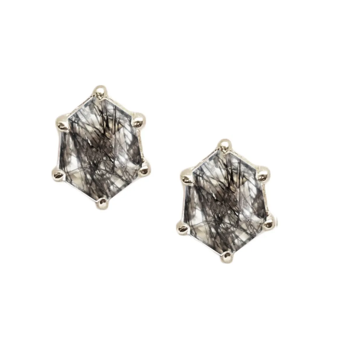 MINI HONOUR STUD EARRINGS - BLACK RUTILE QUARTZ & SILVER