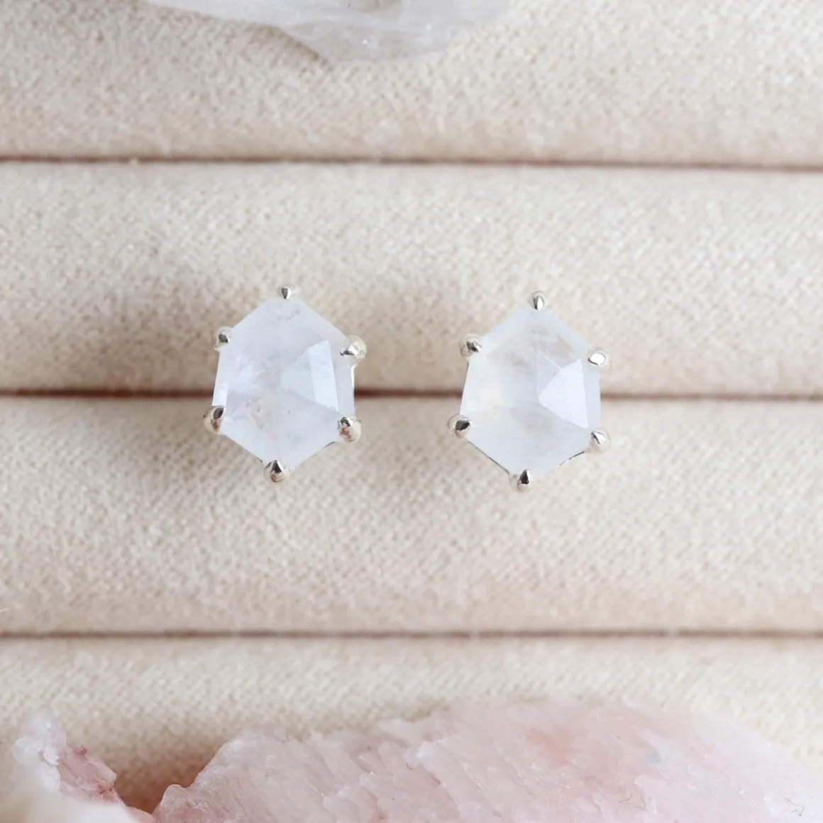 MINI HONOUR STUD EARRINGS - RAINBOW MOONSTONE & SILVER