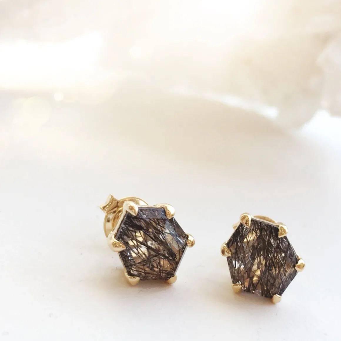 MINI HONOUR STUD EARRINGS - BLACK RUTILE QUARTZ & GOLD