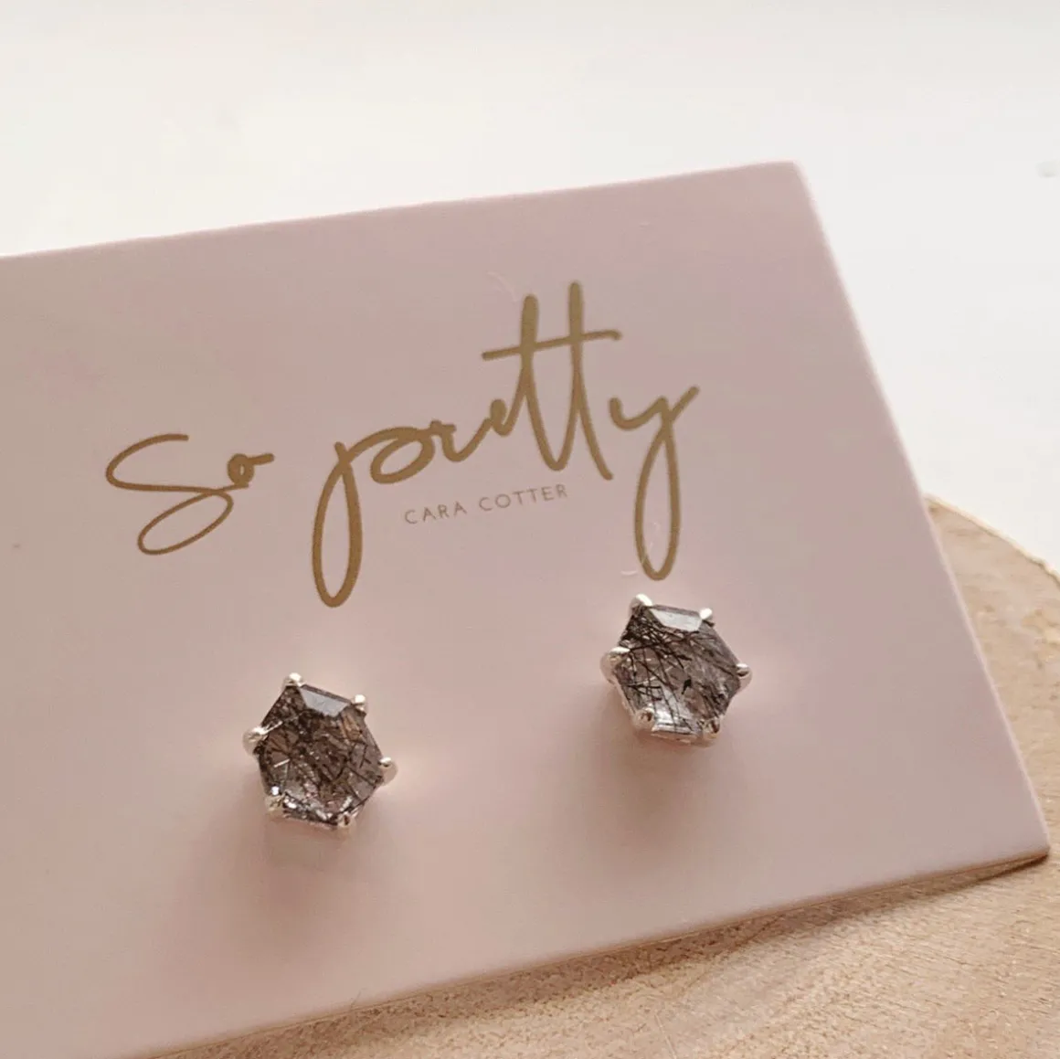 MINI HONOUR STUD EARRINGS - BLACK RUTILE QUARTZ & SILVER
