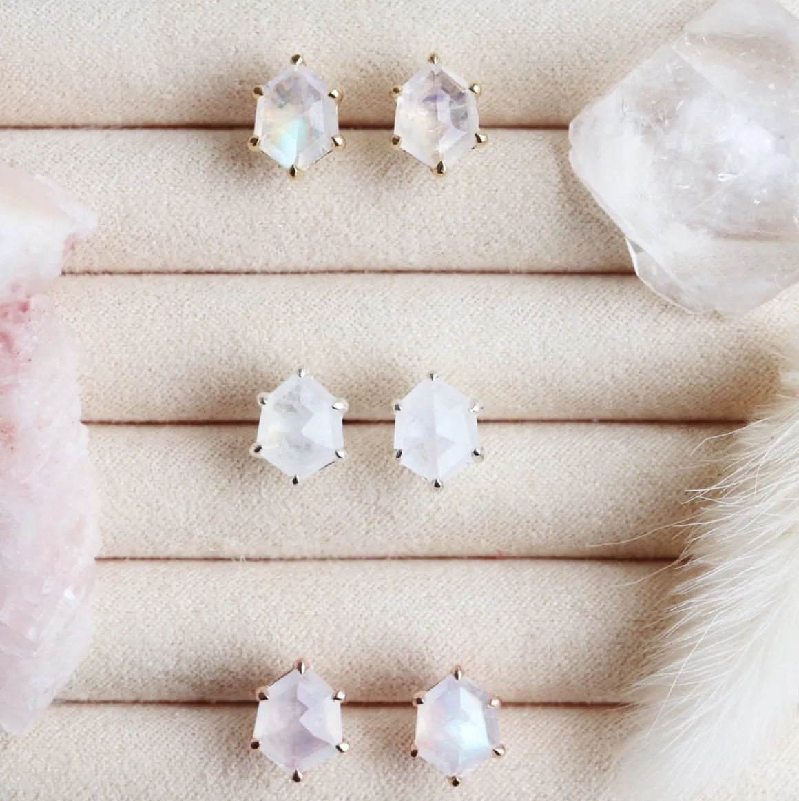 MINI HONOUR STUD EARRINGS - RAINBOW MOONSTONE & SILVER
