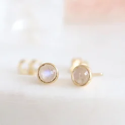 TINY PROTECT STUD EARRINGS - RAINBOW MOONSTONE & GOLD