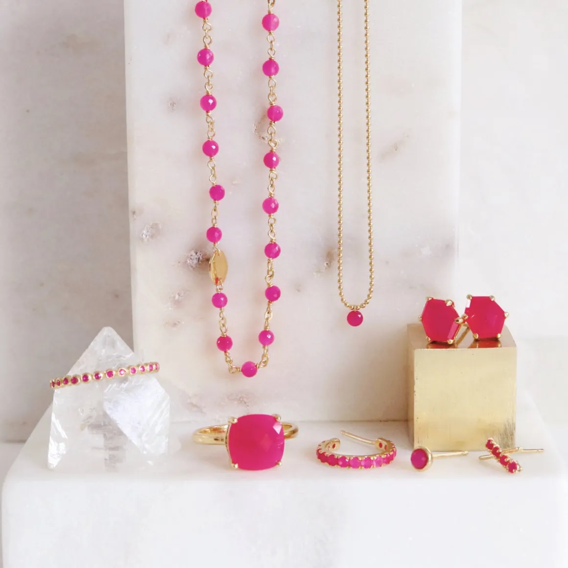 TINY PROTECT STUD EARRINGS - HOT PINK CHALCEDONY
